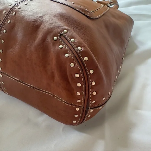 MICHAEL KORS Cognac Brown Gold Studded Leather Shoulder Tote Bag - Picture 4 of 16